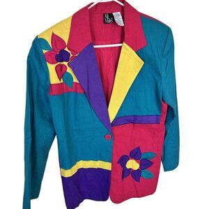 Ali Miles Womens Colorblock Floral Blazer Jacket Medium Linen Blend 1990s Pink
